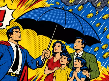 American International Group US0268747849 pop art comic umbrella protecting family halftone vivid primary colors - Foto: THN