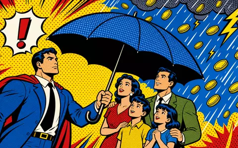 American International Group US0268747849 pop art comic umbrella protecting family halftone vivid primary colors - Foto: THN