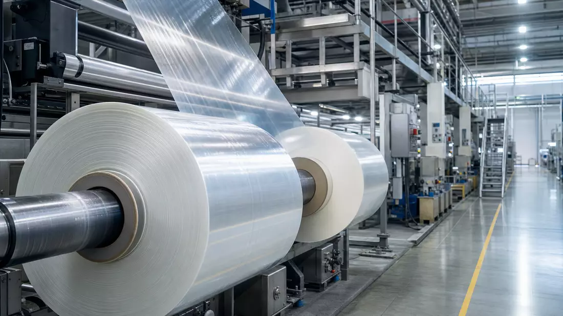 Amcor plc JE00BJ1F6598 industrial packaging plant showing large rolls of transparent plastic film on machinery