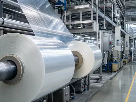 Amcor plc JE00BJ1F6598 photorealistic packaging production line with transparent film rolls on industrial machinery - Foto: THN