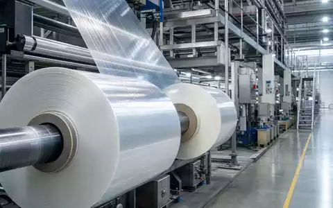 Amcor plc JE00BJ1F6598 photorealistic packaging production line with transparent film rolls on industrial machinery - Foto: THN