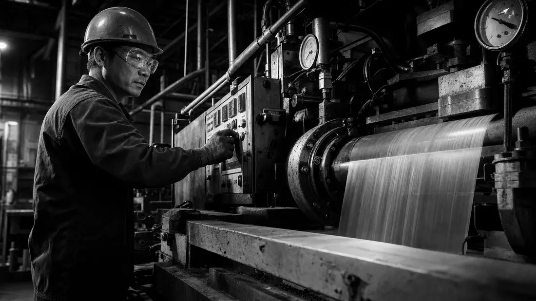 Amcor plc JE00BJ1F6598 monochrome documentary of factory worker at polymer extruder with gauges and film