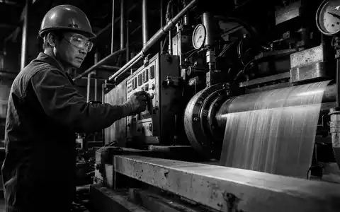 Amcor plc JE00BJ1F6598 black-and-white reportage photograph of technician operating industrial polymer extruder machine - Foto: THN