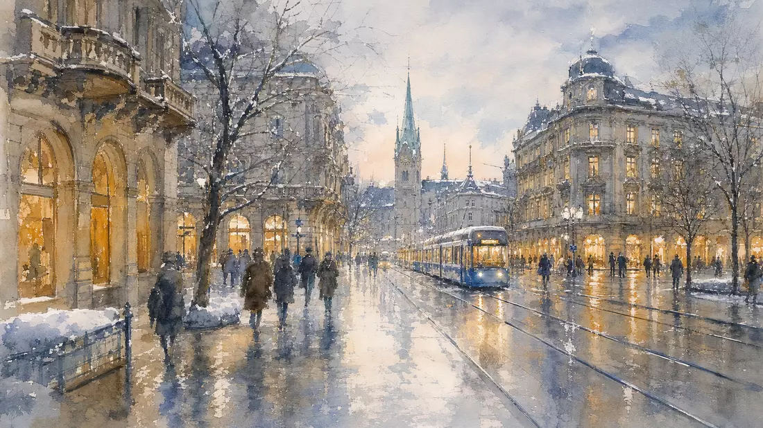 Amcor plc JE00BJ1F6598 watercolor of Zurich Bahnhofstrasse winter scene with tram reflections and amber shopfronts
