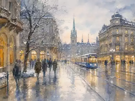 Amcor plc JE00BJ1F6598 impressionistic watercolor of Zurich Bahnhofstrasse with tram and glowing stone facades - Foto: THN