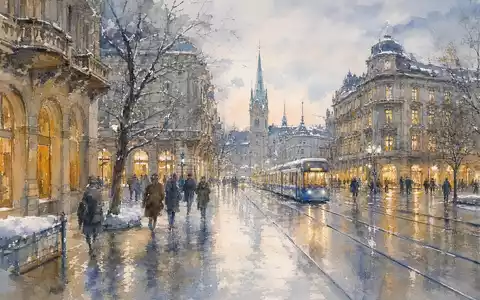 Amcor plc JE00BJ1F6598 impressionistic watercolor of Zurich Bahnhofstrasse with tram and glowing stone facades - Foto: THN