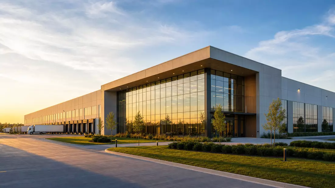 Amcor plc JE00BJ1F6598 CGI architectural render of glass and concrete packaging factory at golden hour