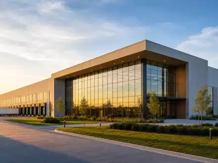 Amcor plc JE00BJ1F6598 architectural CGI render of modern packaging manufacturing facility at golden hour - Foto: THN