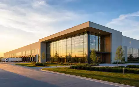 Amcor plc JE00BJ1F6598 architectural CGI render of modern packaging manufacturing facility at golden hour - Foto: THN