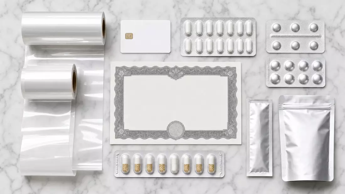 Amcor plc JE00BJ1F6598 marble flatlay with packaging film rolls blister packs ornate stock certificate and card