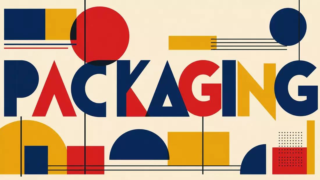 Amcor plc JE00BJ1F6598 Bauhaus geometric design with PACKAGING lettering in navy red yellow constructivist layout