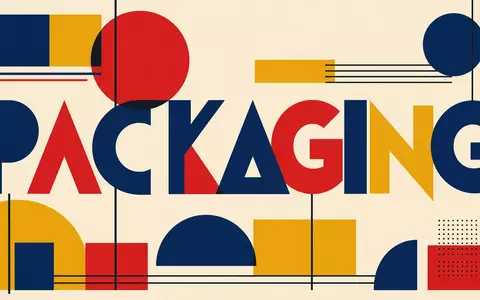 Amcor plc JE00BJ1F6598 Bauhaus constructivist geometric poster with bold PACKAGING typography in primary colors - Foto: THN