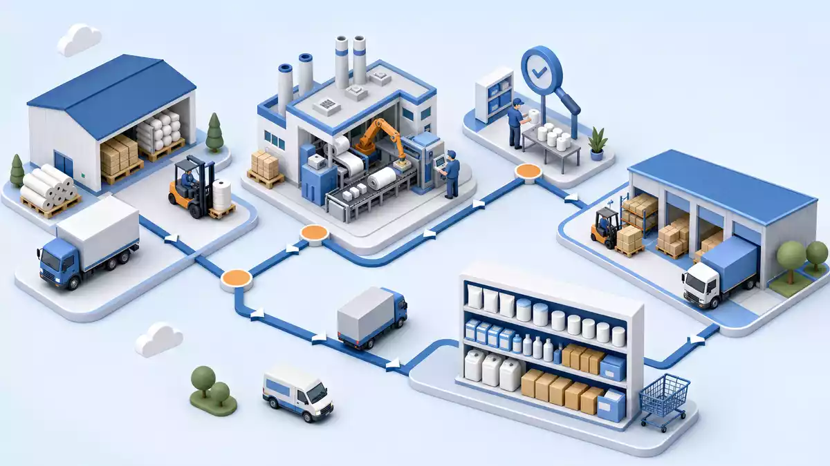Amcor plc JE00BJ1F6598 isometric 3D supply chain illustration with warehouse factory distribution and retail nodes