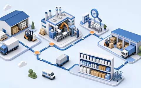 Amcor plc JE00BJ1F6598 isometric 3D illustration of packaging supply chain warehouse factory distribution retail - Foto: THN