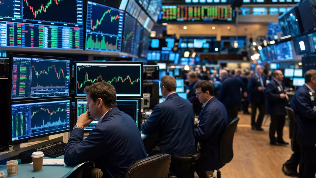 Amcor plc JE00BJ1F6598 trading floor editorial photo with brokers watching materials sector stock candlestick charts