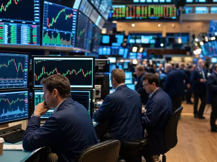 Amcor plc JE00BJ1F6598 editorial photograph of stock exchange trading floor with materials sector candlestick charts - Foto: THN