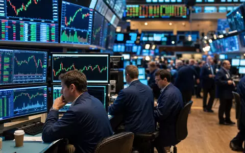 Amcor plc JE00BJ1F6598 editorial photograph of stock exchange trading floor with materials sector candlestick charts - Foto: THN