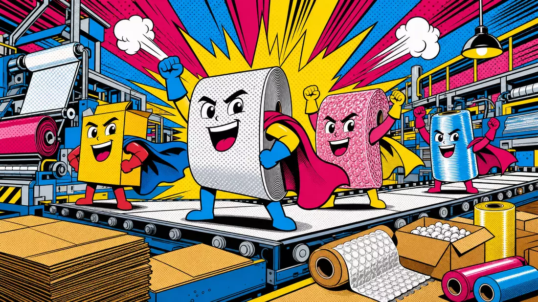 Amcor plc JE00BJ1F6598 pop art halftone comic of packaging factory with animated superhero film roll characters