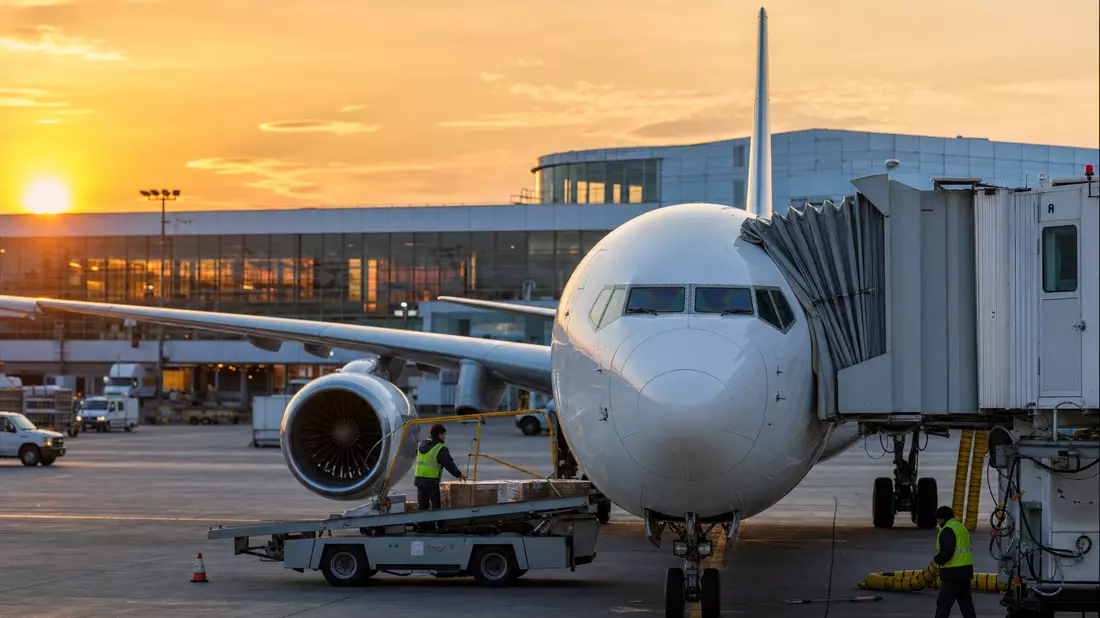 Weißes Passagierflugzeug am Flughafen-Gate bei Sonnenuntergang, Fluggastbrücke verbunden, Bodenpersonal sichtbar, American Airlines Group US02376R1023