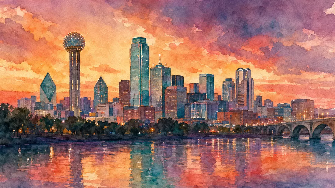 Aquarellmalerei Dallas Skyline mit Reunion Tower bei Sonnenuntergang, Wasserreflexionen, American Airlines Group US02376R1023