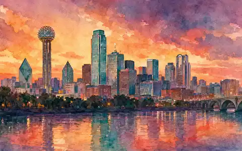 American Airlines Group Aktie US02376R1023 expressives Aquarell der Dallas-Skyline mit Reunion-Tower bei Abenddämmerung - Foto: THN