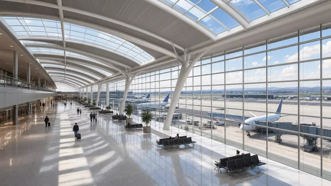 Photorealistisches Architektur-Render moderner Flughafen-Terminal Glasstahlkonstruktion, American Airlines Group US02376R1023