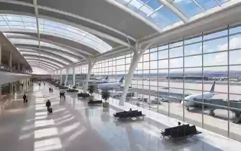 American Airlines Group Aktie US02376R1023 Architektur-Render moderner internationaler Flughafen-Terminal mit geschwungenem Glasdach - Foto: THN