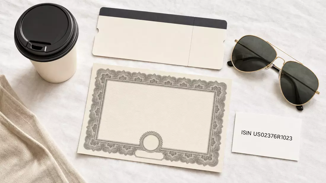 Overhead-Flatlay Reiseutensilien Boardingpass Kaffeebecher Sonnenbrille Aktienzertifikat ISIN-Karte, American Airlines Group US02376R1023