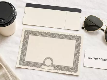American Airlines Group Aktie US02376R1023 Flatlay Boardingpass Kaffeebecher Sonnenbrille Aktienzertifikat ISIN-Karte auf Leinenstoff - Foto: THN