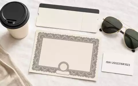 American Airlines Group Aktie US02376R1023 Flatlay Boardingpass Kaffeebecher Sonnenbrille Aktienzertifikat ISIN-Karte auf Leinenstoff - Foto: THN