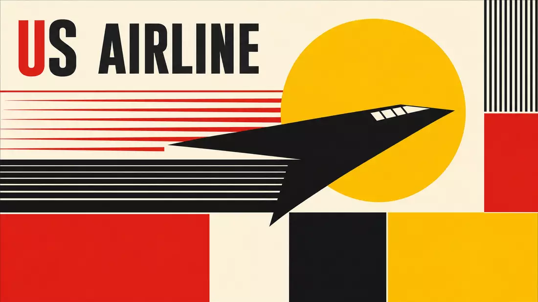 Bauhaus-Grafikposter geometrische Flugzeugsilhouette Primärfarben Schriftzug US AIRLINE, American Airlines Group US02376R1023