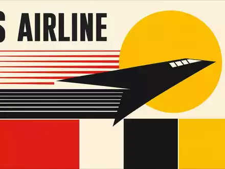 American Airlines Group Aktie US02376R1023 Bauhaus-Poster geometrische Flugzeugsilhouette US AIRLINE Konstruktivismus PrimÀrfarben - Foto: THN