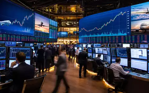 American Airlines Group Aktie US02376R1023 Börsen-Editorial NASDAQ Handelsraum Trader Kursschirme Airline-Diagramme auf Wanddisplays - Foto: THN