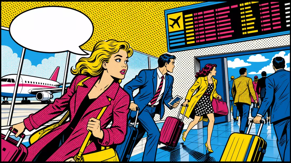 Pop-Art Comic Flughafenszene Halftone Cartoon-Reisende Primärfarben, American Airlines Group US02376R1023