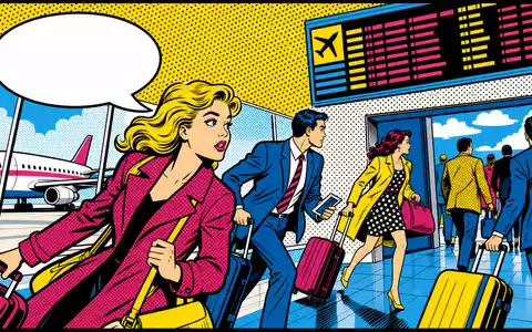 American Airlines Group Aktie US02376R1023 Pop-Art-Comicillustration stilisierte Flughafenszene knallige PrimÀrfarben Halftone-Rasterpunkte eilende Cartoon-Reisende - Foto: THN