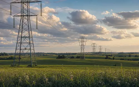 American Electric Power US0255371017 Hochspannungsmasten über grünen Ohio-Feldern bei goldenem Abendlicht mit dramatischen Wolken - Foto: THN