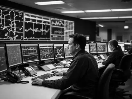 American Electric Power US0255371017 Netzleitwarte Operatoren an Mehrfachmonitoren mit Netzkarten in dramatischem Schwarzweiß - Foto: THN