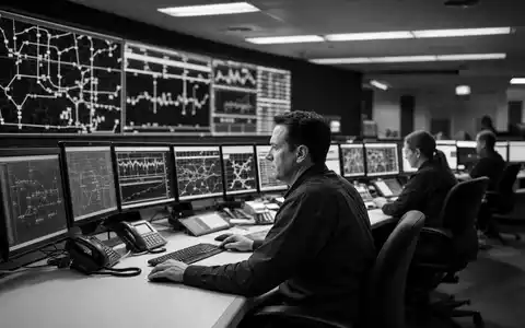 American Electric Power US0255371017 Netzleitwarte Operatoren an Mehrfachmonitoren mit Netzkarten in dramatischem Schwarzweiß - Foto: THN