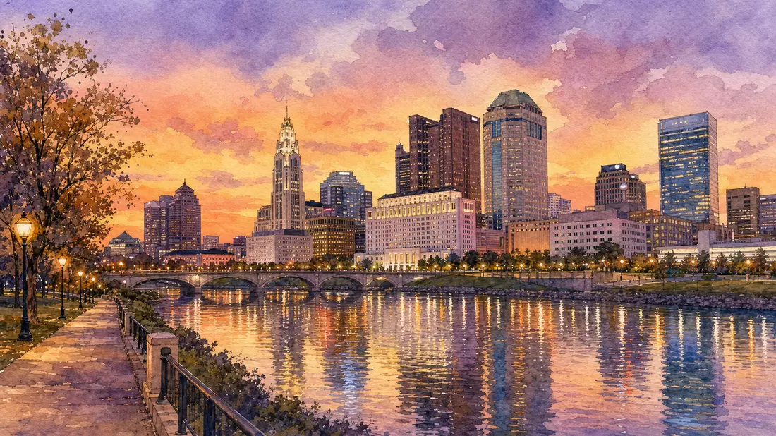 American Electric Power US0255371017 Columbus Ohio Skyline Aquarell Scioto River