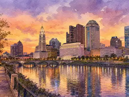 American Electric Power US0255371017 Columbus Ohio Skyline Spiegelung im Scioto River aquarelliert bei Abenddämmerung - Foto: THN