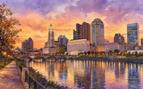 American Electric Power US0255371017 Columbus Ohio Skyline Spiegelung im Scioto River aquarelliert bei Abenddämmerung - Foto: THN