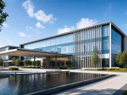 American Electric Power US0255371017 modernes Glasfassaden-Firmenhauptquartier mit Spiegelteich Vorplatz und Aluminium-Lamellen-Fassade CGI-Render - Foto: THN