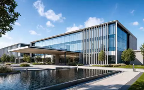 American Electric Power US0255371017 modernes Glasfassaden-Firmenhauptquartier mit Spiegelteich Vorplatz und Aluminium-Lamellen-Fassade CGI-Render - Foto: THN