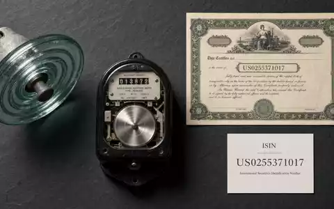 American Electric Power US0255371017 Flatlay mit Glasisolator Ferraris-Stromzähler Aktienzertifikat und ISIN-Karte US0255371017 - Foto: THN