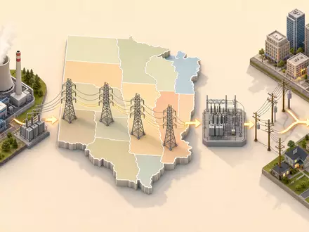 American Electric Power US0255371017 isometrische Illustration Stromerzeugung Ăbertragungsnetz 11 Bundesstaaten Verteilung Wertschöpfungskette - Foto: THN