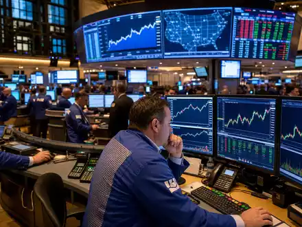 American Electric Power US0255371017 Börsenparkett Händler blauer Jacke NASDAQ Utility-Aktiencharts Candlestick-Displays Editorial - Foto: THN