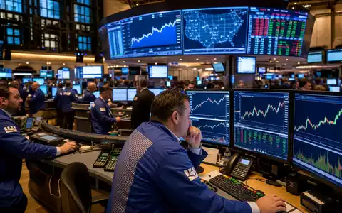 American Electric Power US0255371017 Börsenparkett Händler blauer Jacke NASDAQ Utility-Aktiencharts Candlestick-Displays Editorial - Foto: THN