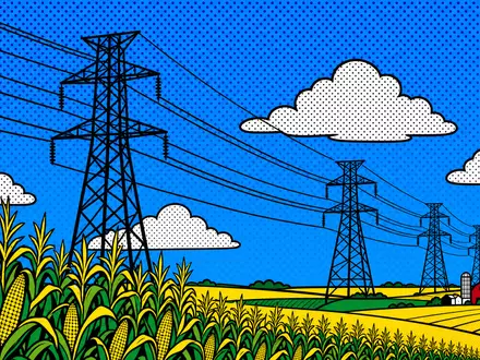 American Electric Power US0255371017 Pop-Art Lichtenstein-Stil stilisierte Strommasten Maisfelder Ben-Day-Punkte Primärfarben Comic - Foto: THN