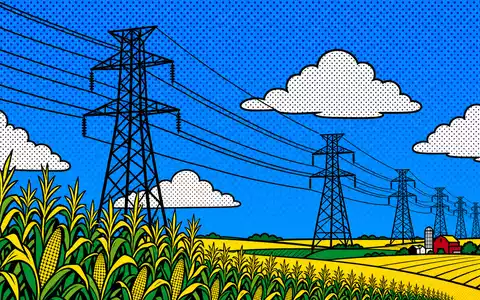 American Electric Power US0255371017 Pop-Art Lichtenstein-Stil stilisierte Strommasten Maisfelder Ben-Day-Punkte Primärfarben Comic - Foto: THN