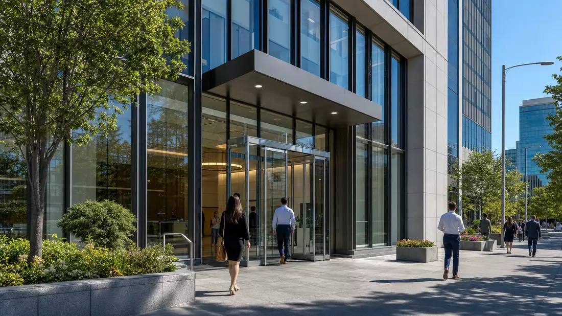 Modernes Bankgebäude mit Glasfassade, Kunden betreten das Foyer, Fifth Third Bancorp